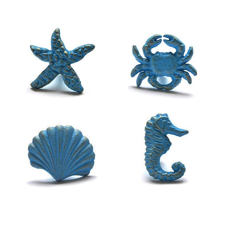 ZILucky Sea Horse Starfish Seashell and Crab Drawer Pulls Handles for Dresser Cupboard Wardrobe Cabinet Kitchen Beach Ocean Theme Knobs Pack of 4 (Blue) (Blue) - Image 1